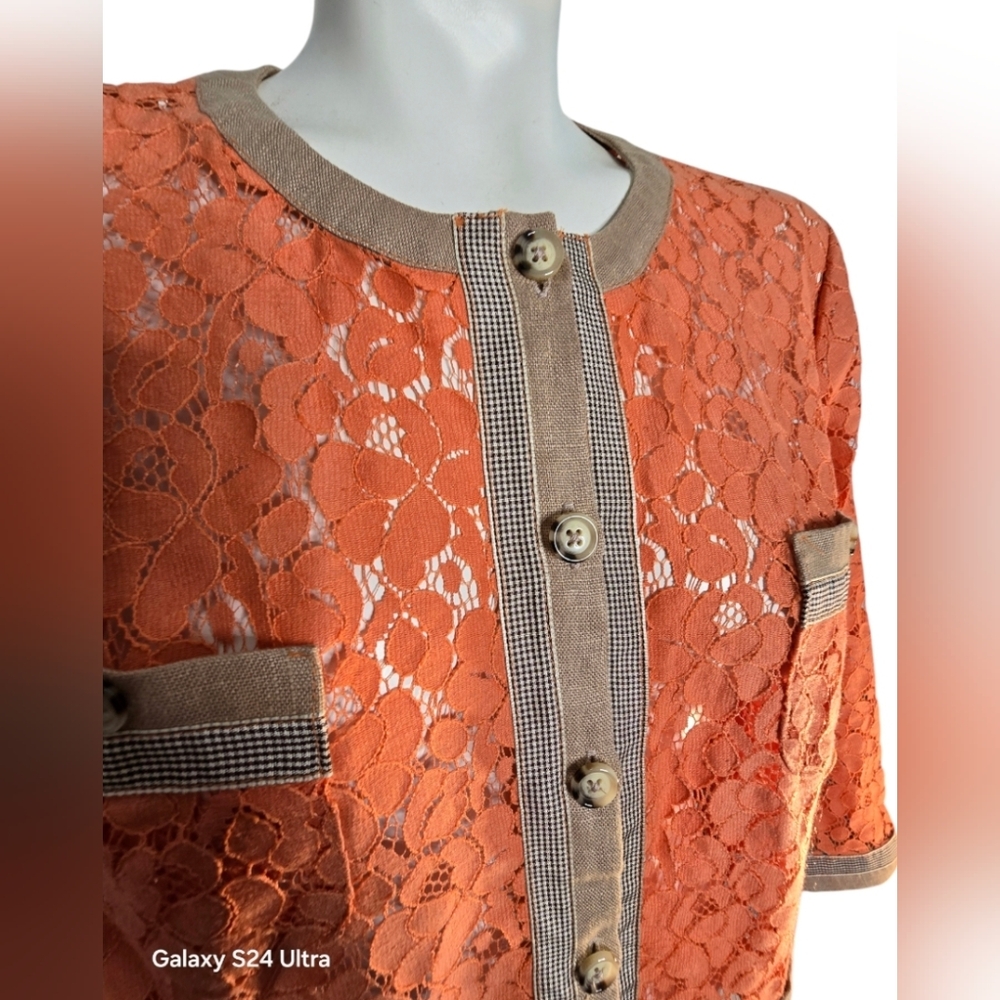 Linea by Louis Dell'Olio Orange tan Lace Button-Up Top size S *